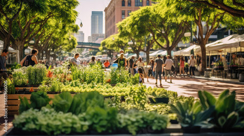 Fototapeta Naklejka Na Ścianę i Meble -  Green oasis in urban market square: lush plants and trees create a sustainable haven for conscious consumers