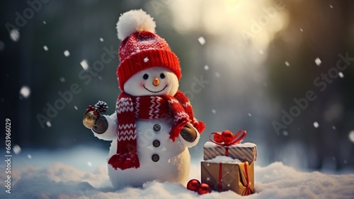 snowman with  christmas gifts photo
