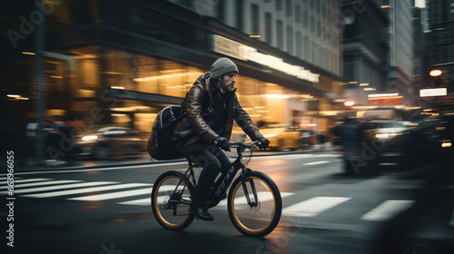 Urban cycling: a sustainable commute through a bustling cityscape © javier