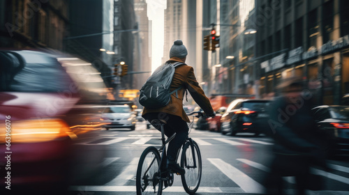 Green urban transportation: confidently cycling through bustling streets