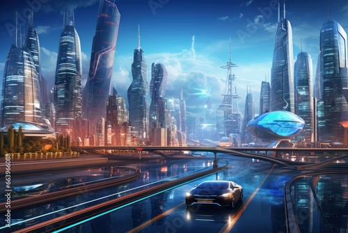 Futuristic city skyline with floating cars and holographic billboards.