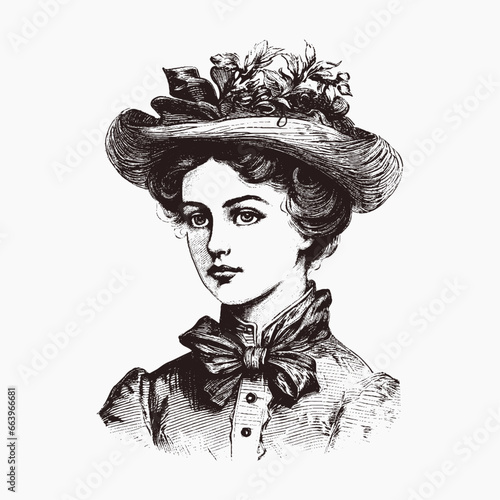 Vector portrait of a woman. Vintage Illustration in engraving style isolated on white victorian era Elegant woman in Hat