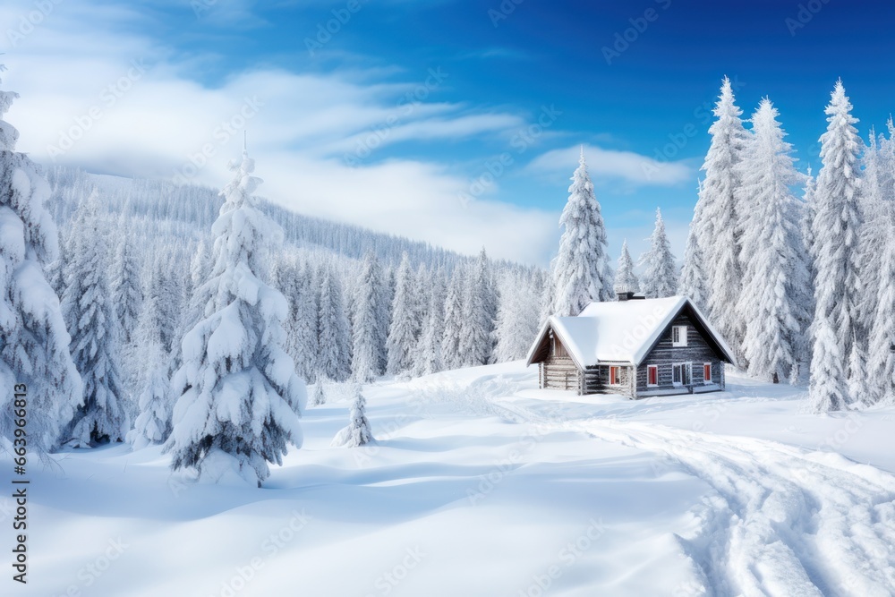 Winter wonderland with snow-covered trees and a cabin. Winter wonderland with snow-covered trees and a cabin.
