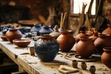 Traditional pottery workshop with clay vases and hand tools.