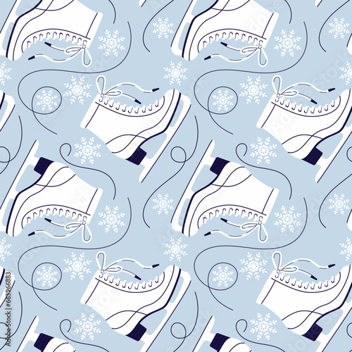 Cartoon vector pattern of white skates and snowflakes on blue background