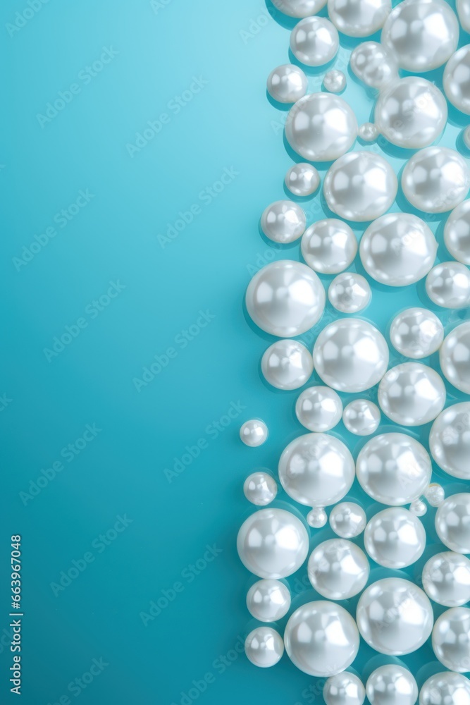 light blue background with white pearls, large and small. polished with highlights. Gorgeous background for wedding invitations. Flat background, top view.