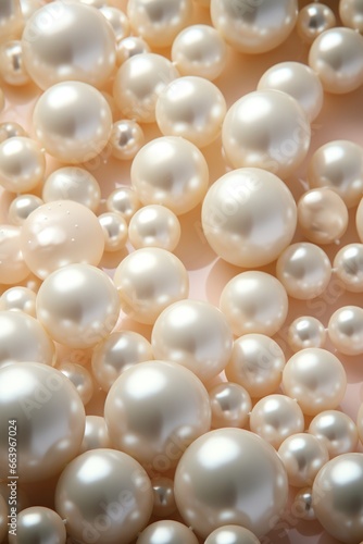 Beige background with white pearls, large and small. polished with highlights. Gorgeous background for wedding invitations. Flat background, top view.