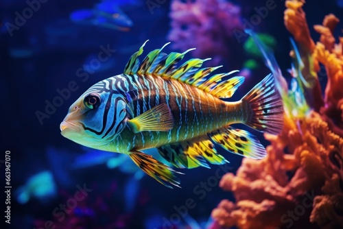 Charming marine banner. Portrait of exotic rooster fish on seascape background in transparent light blue water. sea life concept