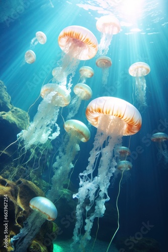 charming Sea poster. Mesmerizing view of a group of beautiful jellyfish, drifting, floating in peaceful waters, illuminated by the sun. Space for design, text on marine theme.