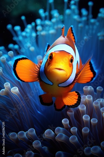 Captivating marine poster. portrait of a clown fish in an actinia thicket in clear light blue water . Concept sea life.