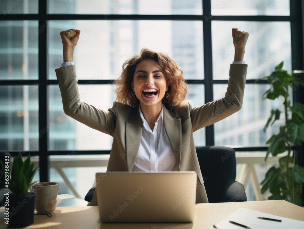 Successful businesswoman raises her hands up rejoices in increasing profits in business. Businesswoman is receiving good news online, raising her hands and showing her fists. Successful businesswoman raises her hands up rejoices in increasing profits in business. Businesswoman is receiving good news online, raising her hands and showing her fists.