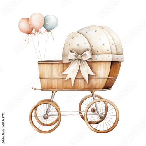 Watercolor Baby carriage Clipart on white background. photo