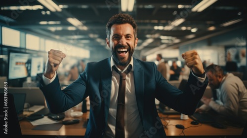 Successful businessman raises her hands up rejoices in increasing profits in business. Businessman is receiving good news online, raising her hands and showing her fists.