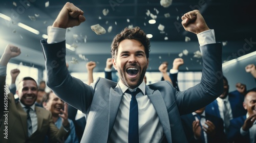 Successful businessman raises her hands up rejoices in increasing profits in business. Businessman is receiving good news online, raising her hands and showing her fists.