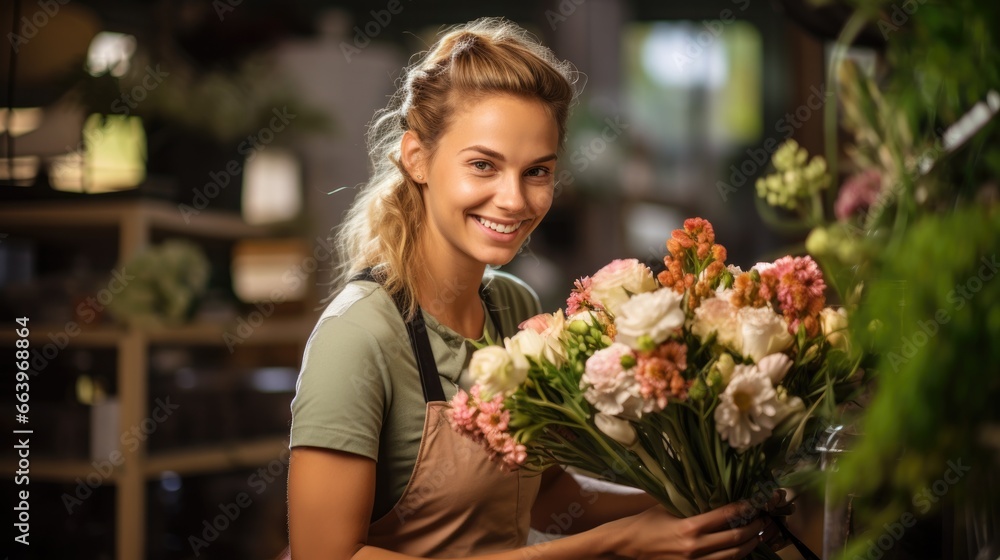 Smiling young woman florist arranging plants in flower shop. Flower shop owner concept.