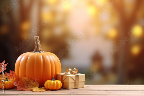 Autumn decoration background with gift box and pumpkin, Orange leaves, copy space for text, 3D rendering illustration