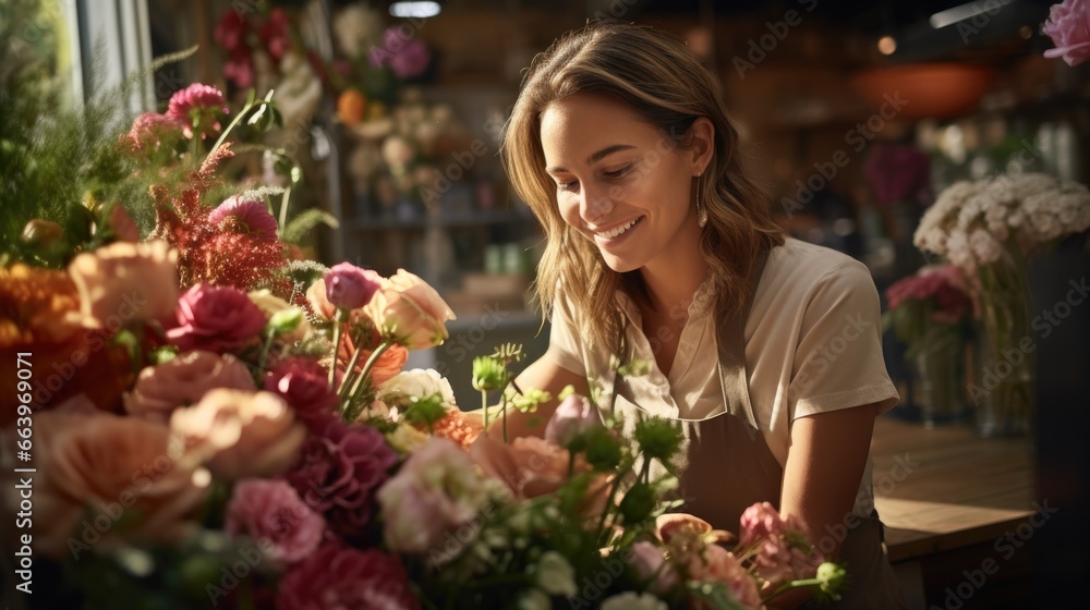 Smiling young woman florist arranging plants in flower shop. Flower shop owner concept.