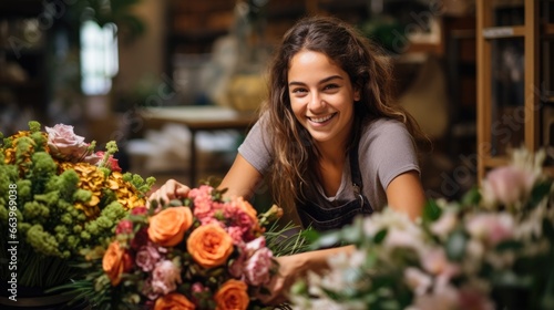 Smiling young woman florist arranging plants in flower shop. Flower shop owner concept. © Premreuthai