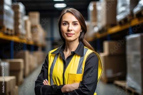 Woman employee or supervisor looking at camera at warehouse.