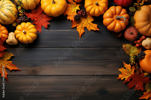 Autumn Leaves and Pumpkin Border Frame on Wooden Background, Autumn Leaves and Berries on Wooden Table. Autumn Background with Copy Space, Banner, Top View, Greeting Card