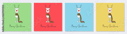 Cute reindeer on a red, green, blue, yellow background. Christmas background, banner, or card collection.