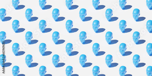 Blue color 3d head on a white background. Template design. Pattern with head.