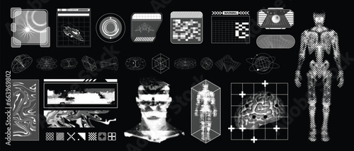 Futuristic y2k graphic icon set, retro wave sci-fi display, vector cyberpunk future space frame kit. Brutalist grid print, abstract star groovy geometric shapes, halftone background. Futuristic print