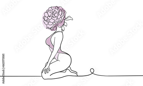 Woman pink flowers one line continuous drawing illustration. Peony of a woman's head. Wedding vector illustration