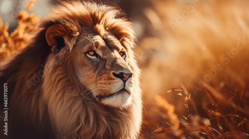 Close up of a lion lying on the ground in the grass. The sun is shining.