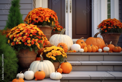 Pumpkins and gourds in orange, white, and brown adorn the front porch of a suburban house, adding a festive Thanksgiving touch