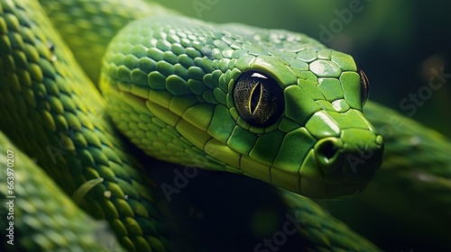 closeup portrait of green snake at nature, reptile animal