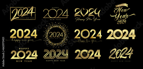Big set of 2024 Happy New Year, golden logo text design. Vector sign luxury illustrations of greetings and celebration of the new year 2024