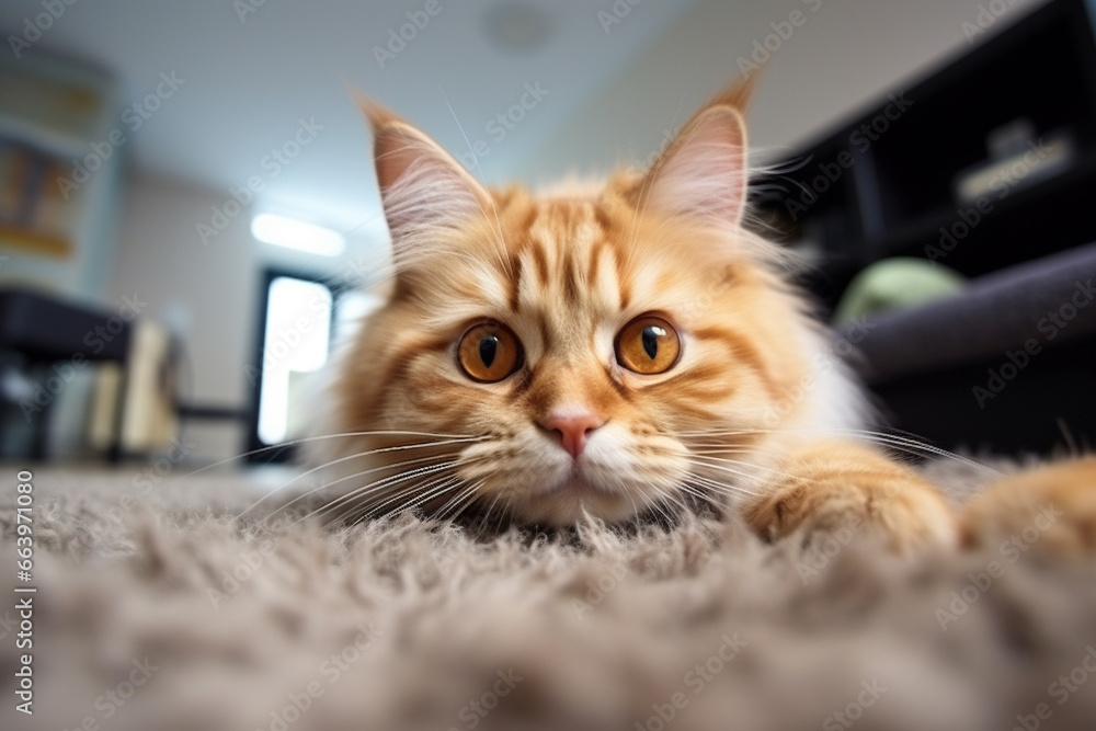 Funny cute cat lying on the house floor. Close up view. generative AI Funny cute cat lying on the house floor. Close up view. generative AI