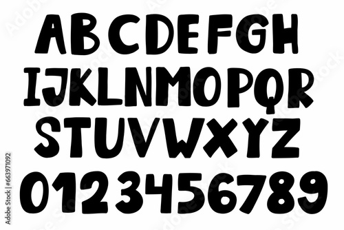 Uppercase black english latin abc alphabet font A to Z and digits 0 to 9 set. Vector illustration in doodle hand written style isolated on white background. For menu, naming, card, typography, book.
