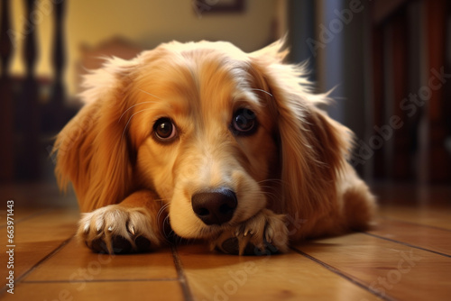 Cute dog lying in the room on the house floor. Close up view. generative AI