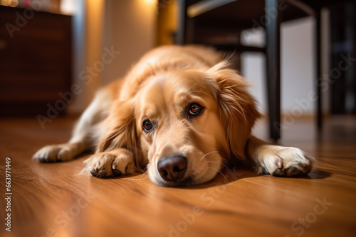 Cute dog lying in the room on the house floor. Close up view. generative AI