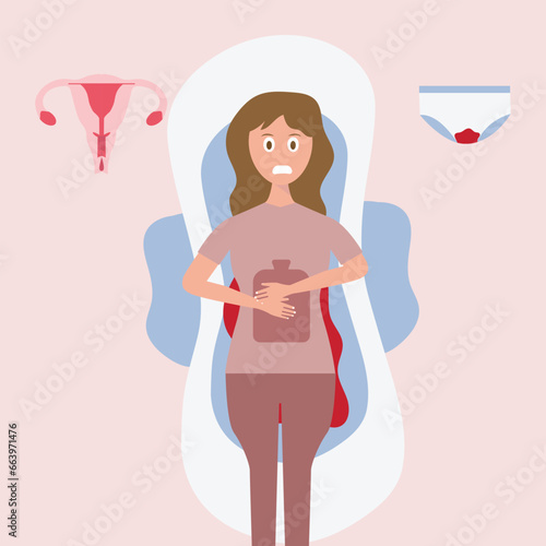 Woman having period pain and menstrual. Sad woman Feel Pain and Cramps during Menstruation Period, Premenstrual Syndrome, Ovaries. Cartoon People Vector Illustration.