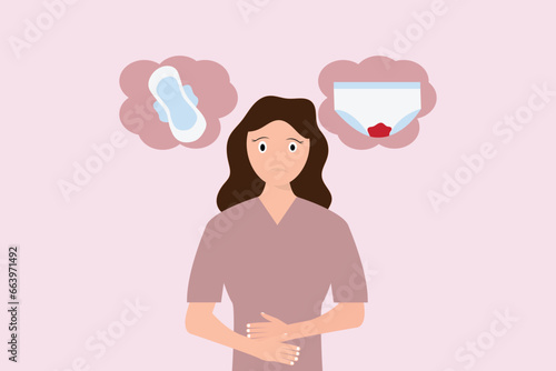 Woman having period pain and menstrual. Sad woman Feel Pain and Cramps during Menstruation Period, Premenstrual Syndrome, Ovaries. Cartoon People Vector Illustration.