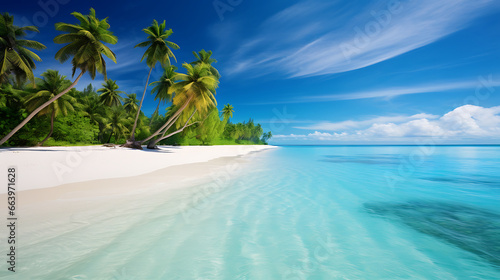 a pristine tropical beach with turquoise waters  white sandy shores  palm trees swaying in the breeze  and beachgoers relaxing under the sun  evoking the allure of a perfect beach vacation
