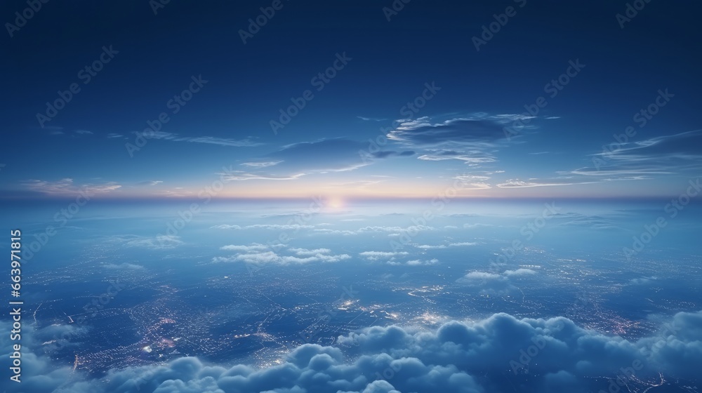 An aerial perspective captured from an airplane window at a high altitude, revealing a distant city that appears like a tiny planet shrouded in a delicate veil of misty smog. In the evening sky