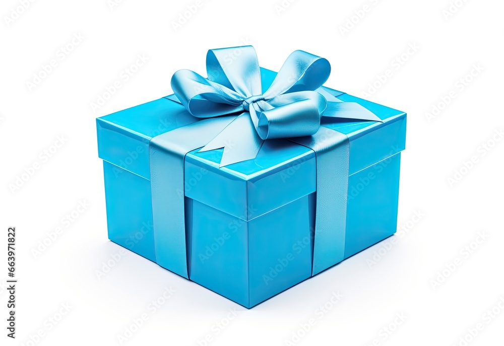 Obraz premium Surprise Blue Gift Box with Elegant Bow on White Background - Celebration, Present, Gift Giving Concept Photo