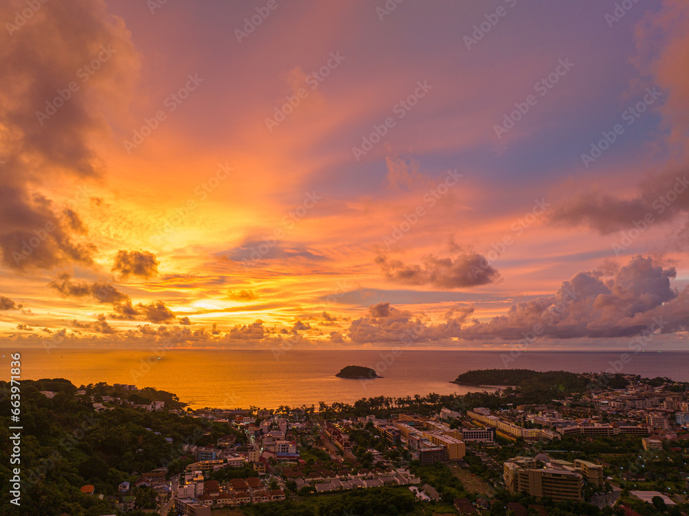 .Majestic sunset or sunrise landscape Amazing light of nature amazing cloud scape sky and colorful clouds moving away rolling. .colorful yellow sunset clouds above the islands.