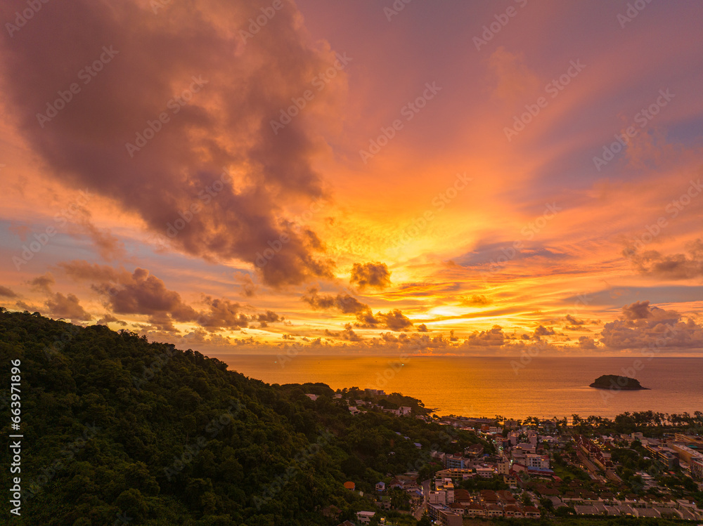 .Majestic sunset or sunrise landscape Amazing light of nature amazing cloud scape sky and colorful clouds moving away rolling. .colorful yellow sunset clouds above the islands.
