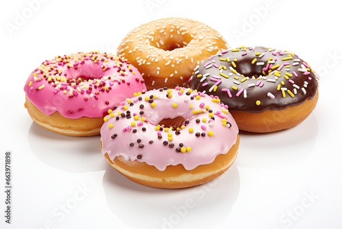 Four Delicious Glazed Donuts on White Background - Tempting Sweet Pastry Snacks for Food Lovers