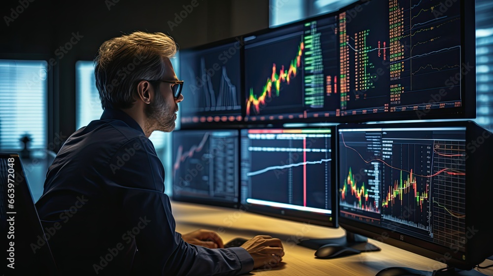 Professional Trader Analyzing Real-Time Stock Market Data on Multiple Monitors at Desk Professional Trader Analyzing Real-Time Stock Market Data on Multiple Monitors at Desk