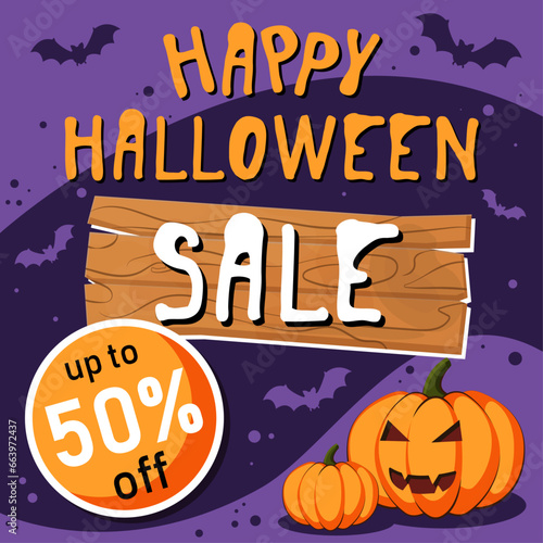 Happy Halloween sale banner or social media poster with text, wooden board, pumpkins and bats. Halloween discount postcard with dark purple background