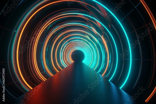 Vibrant tunnel of neon lights in blue, turquoise, and orange colors. Rendered in 3D. Generative AI