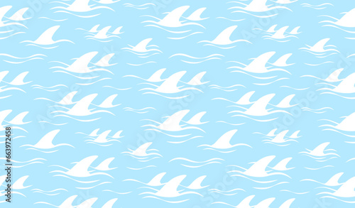 Shark fin silhouette and waves seamless pattern. Vector illustration.