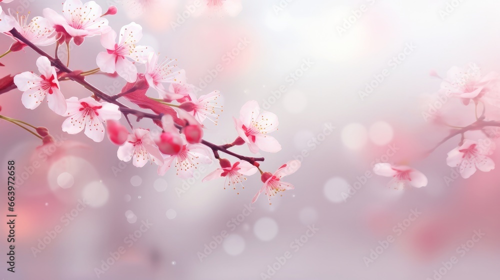 A vector backdrop featuring the delicate beauty of spring cherry blossoms. This illustration showcases a blooming sakura branch in the springtime, complete with falling petals and subtle, blurred