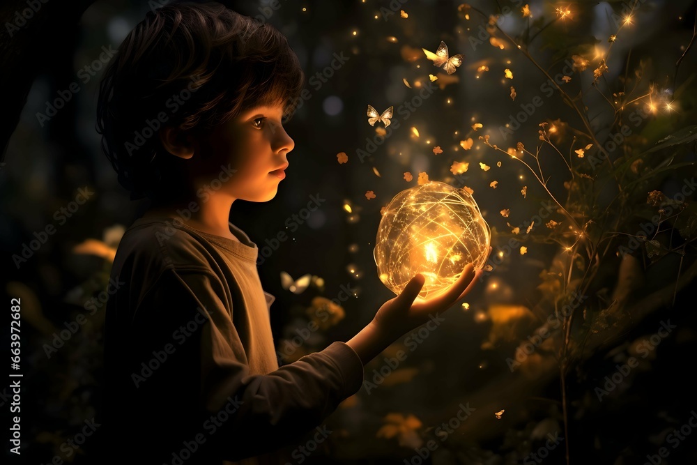 Naklejka premium A child with a glowing magic ball 
